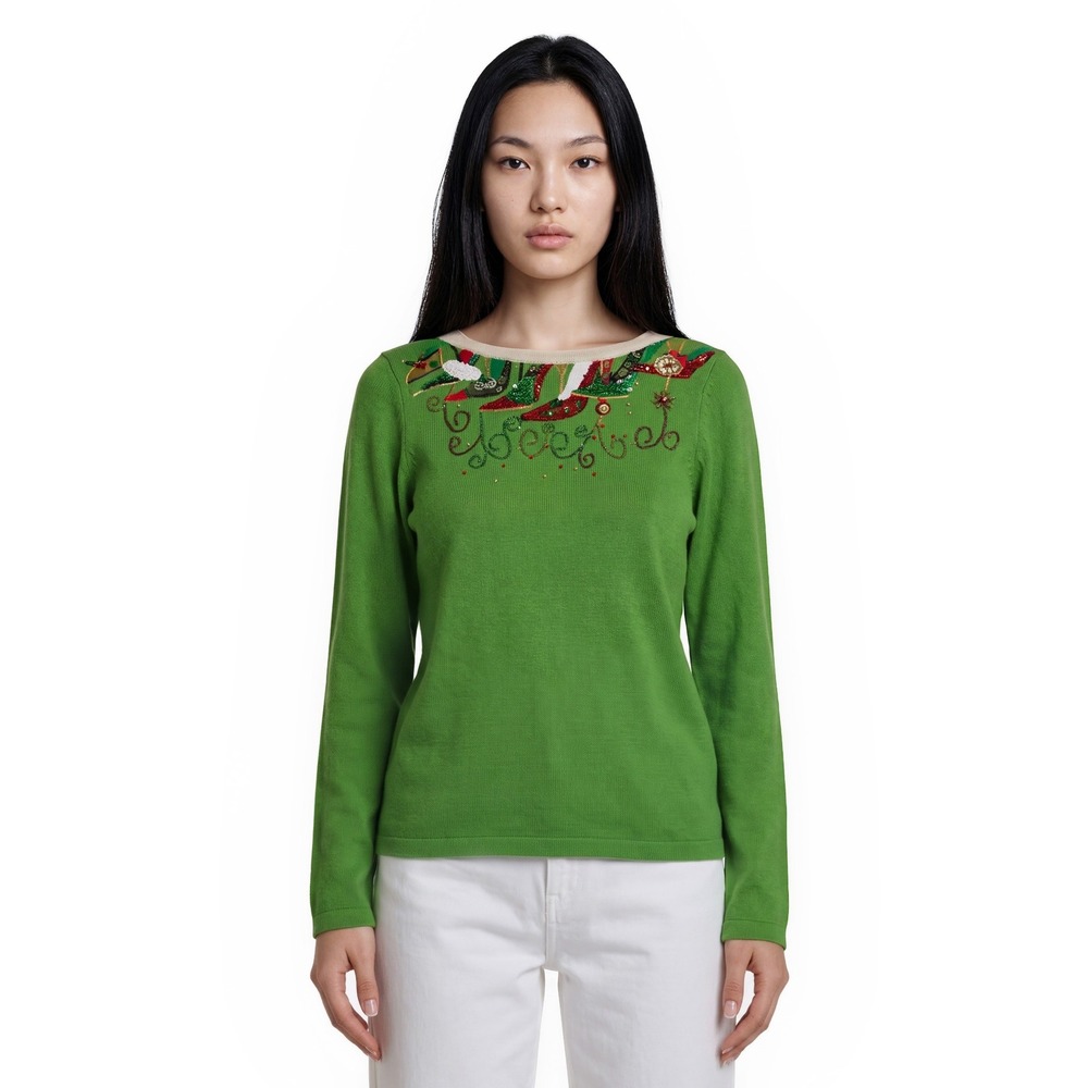 Berek Holiday Sweater Womens Size Large Green Embroidered Christmas Shoes Beaded